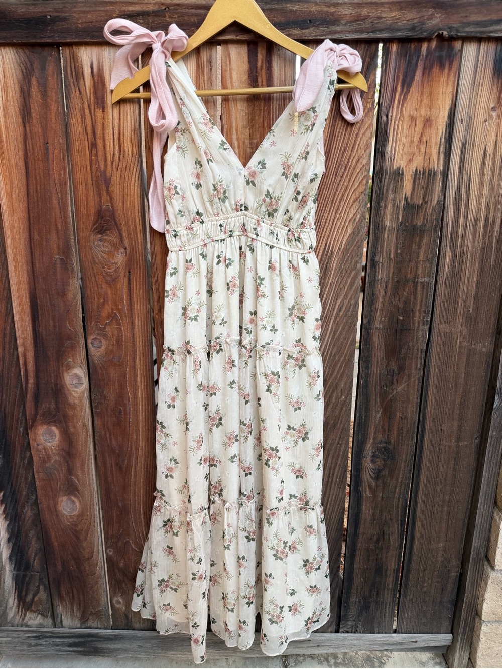 Floral Tie-Shoulder Maxi Dress - Cream with Pink Floral